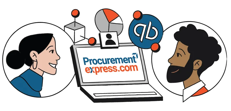 Illustrated colleagues discussing purchasing around a laptop